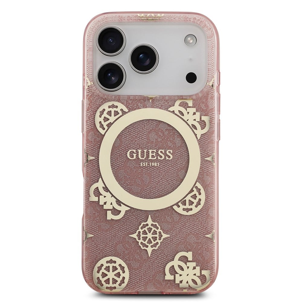 Apple iPhone 17 Pro Max Kılıf Guess Orjinal Lisanslı M-safe Şarj Özellikli IML Peony ve 4G Desenli Klasik Logolu Kapak