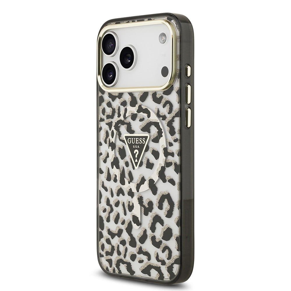 Apple iPhone 17 Pro Max Kılıf Guess Orjinal Lisanslı M-safe Şarj Özellikli Üçgen Logolu Simli Leopar Desenli Kapak