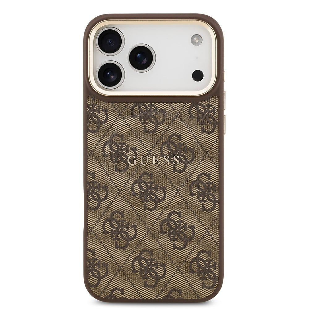 Apple iPhone 17 Pro Max Kılıf Guess Orjinal Lisanslı M-safe Şarj Özellikli Gold Metal Kamera Çerçeveli PU Deri 4G Desenli Yazı Logolu Kapak