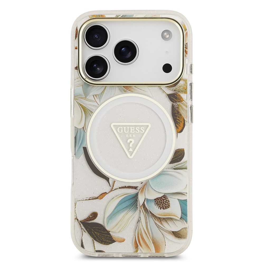 Apple iPhone 17 Pro Max Kılıf Guess Orjinal Lisanslı M-safe Şarj Özellikli Simli Çiçek Desenli Metal Kamera Çerçeveli Üçgen Logolu Kapak