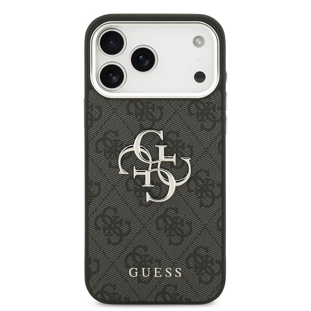Apple iPhone 17 Pro Max Kılıf Guess Orjinal Lisanslı Gümüş Metal Kamera Çerçeveli 4G Desenli Metal Büyük 4G ve Yazı Logolu Kapak