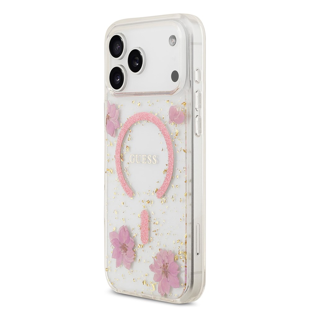 Apple iPhone 17 Pro Max Kılıf Guess Orjinal Lisanslı M-safe Şarj Özellikli Transparan Resin Flowers Kapak
