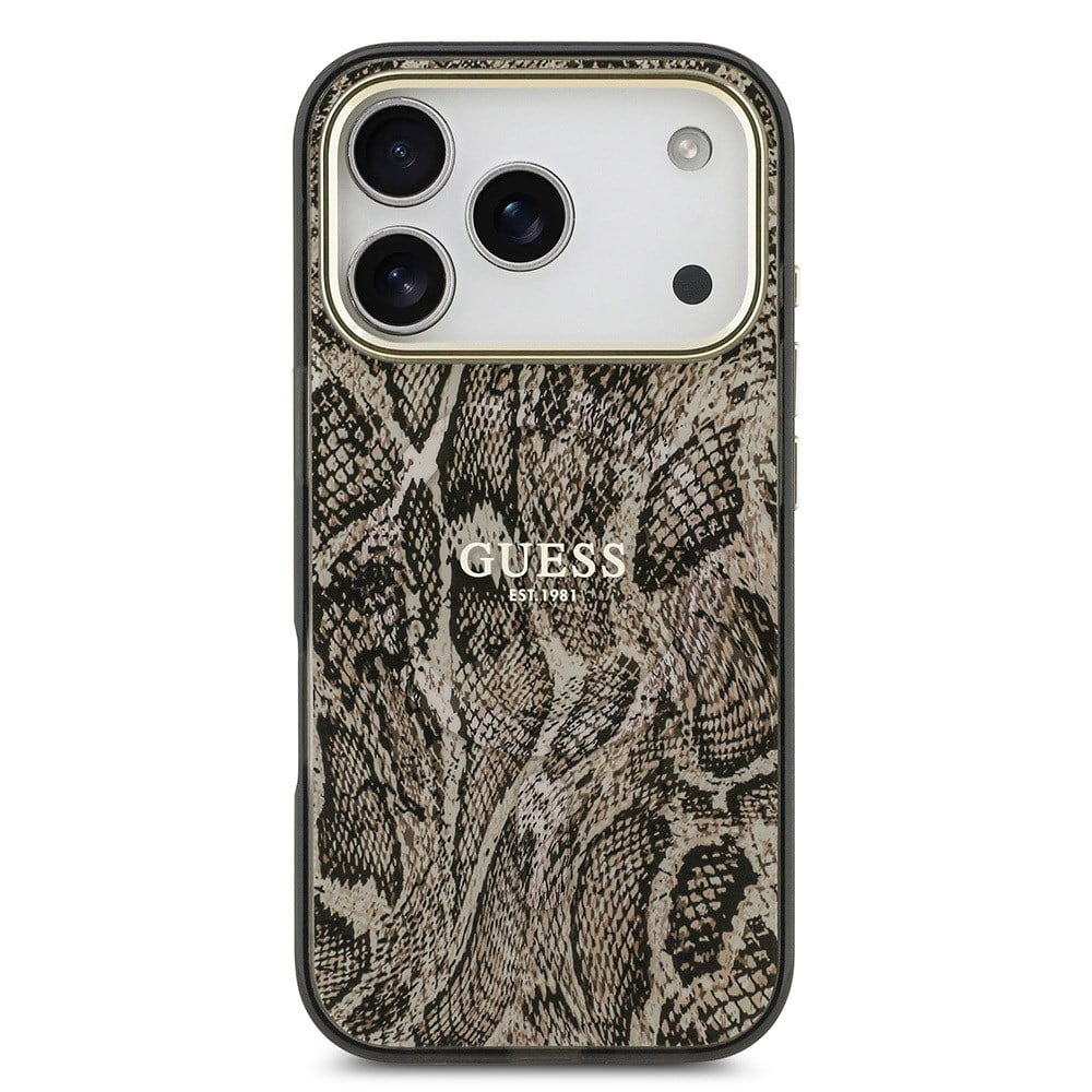 Apple iPhone 17 Pro Max Kılıf Guess Orjinal Lisanslı M-safe Şarj Özellikli Yazı Logolu Python Desenli Kapak