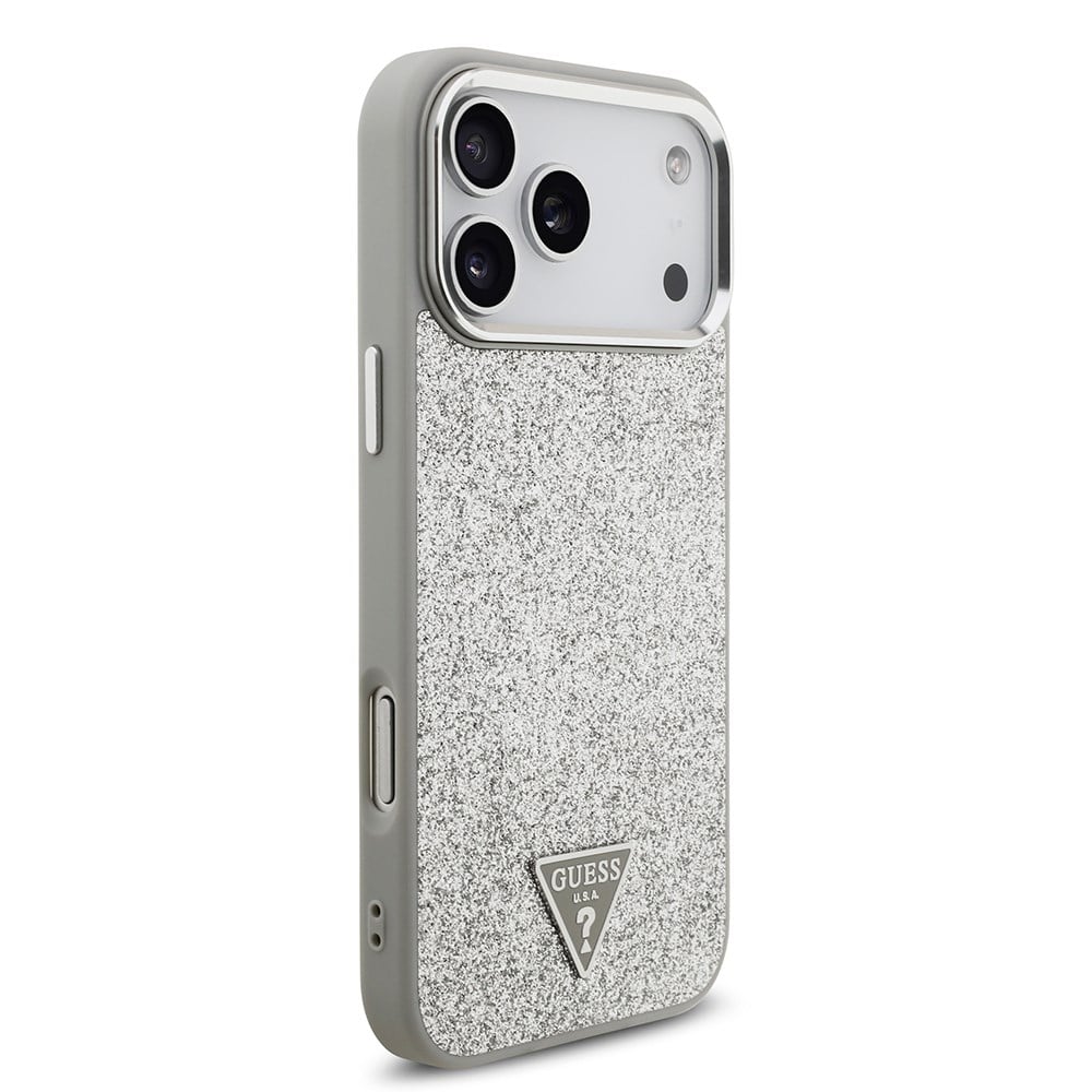 Apple iPhone 17 Pro Max Kılıf Guess Orjinal Lisanslı M-safe Şarj Özellikli Metal Kamera Çerçeveli Üçgen Logolu Glitter Kapak