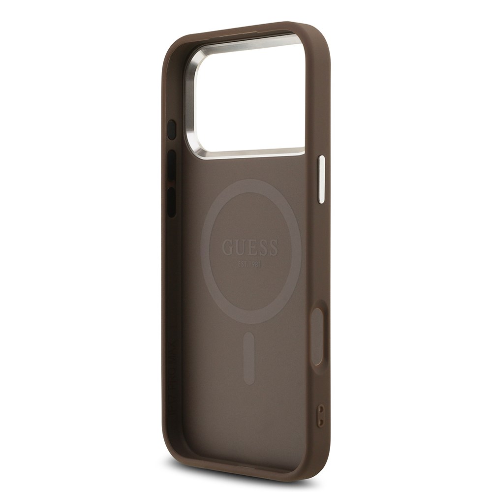 Apple iPhone 17 Pro Max Kılıf Guess Orjinal Lisanslı M-safe Şarj Özellikli Gümüş Metal Kamera Çerçeveli Üçgen Logo 4G Desenli Kapak