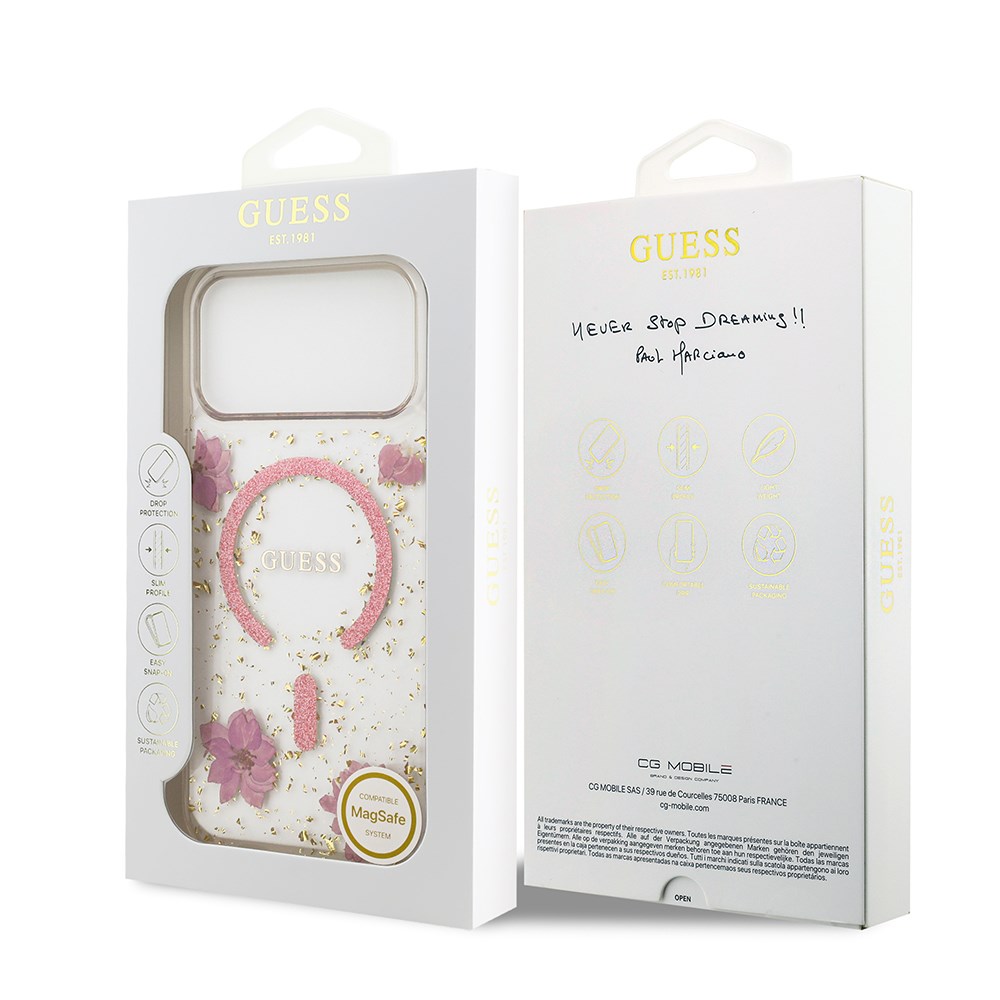 Apple iPhone 17 Pro Max Kılıf Guess Orjinal Lisanslı M-safe Şarj Özellikli Transparan Resin Flowers Kapak