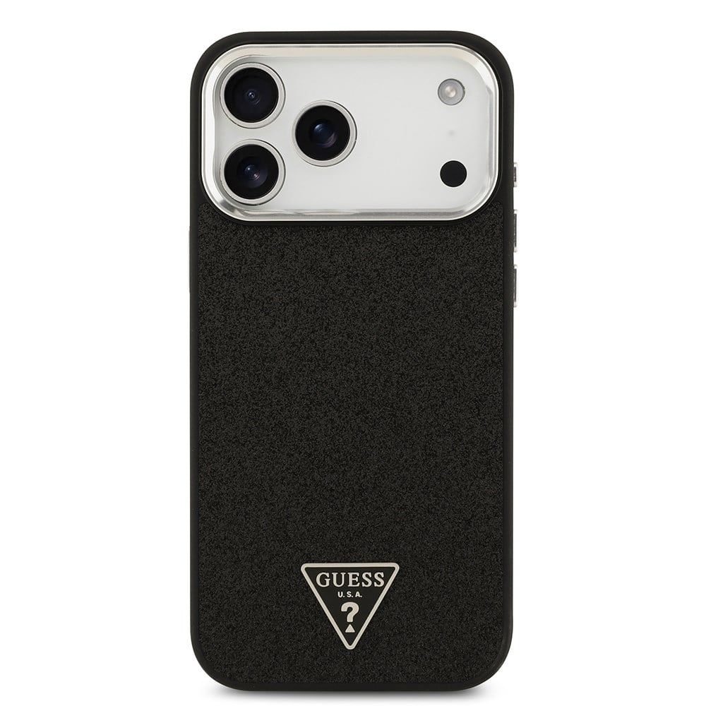 Apple iPhone 17 Pro Max Kılıf Guess Orjinal Lisanslı M-safe Şarj Özellikli Metal Kamera Çerçeveli Üçgen Logolu Glitter Kapak