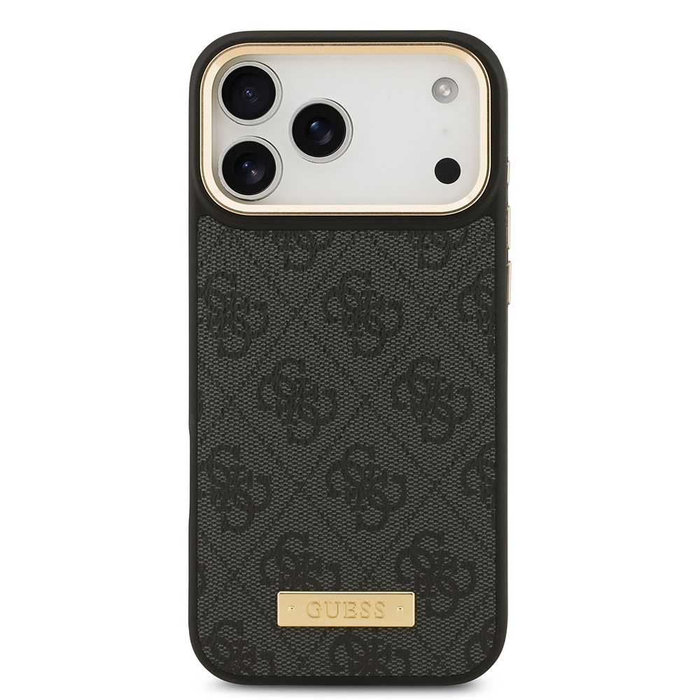 Apple iPhone 17 Pro Max Kılıf Guess Orjinal Lisanslı M-safe Şarj Özellikli 4G Desenli PU Metal Plaka Klasik Logolu Kapak