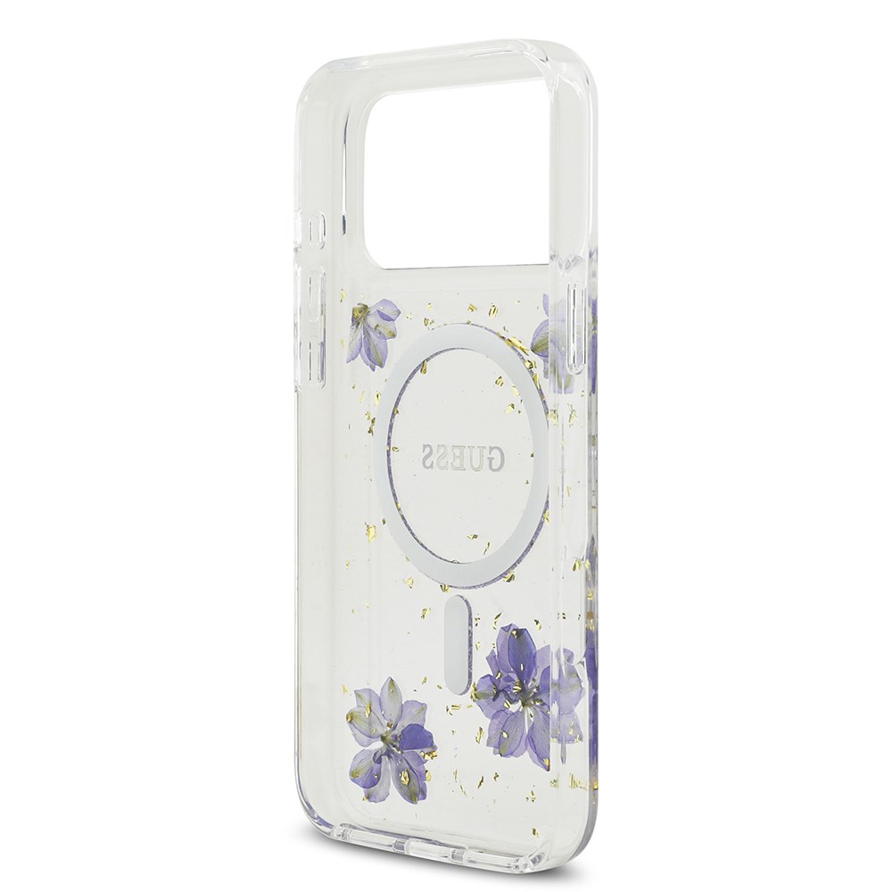 Apple iPhone 17 Pro Max Kılıf Guess Orjinal Lisanslı M-safe Şarj Özellikli Transparan Resin Flowers Kapak