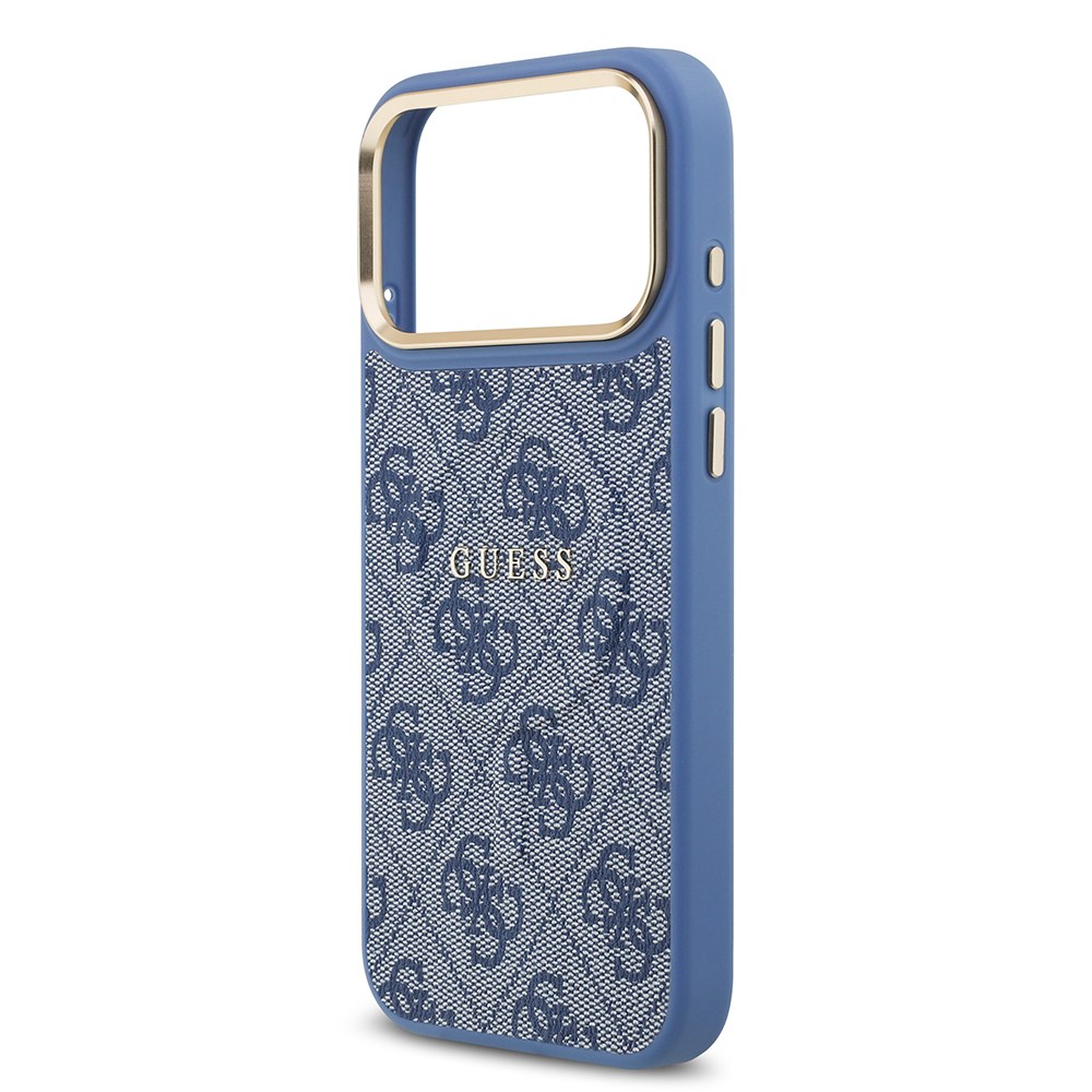 Apple iPhone 17 Pro Max Kılıf Guess Orjinal Lisanslı M-safe Şarj Özellikli Gold Metal Kamera Çerçeveli PU Deri 4G Desenli Yazı Logolu Kapak