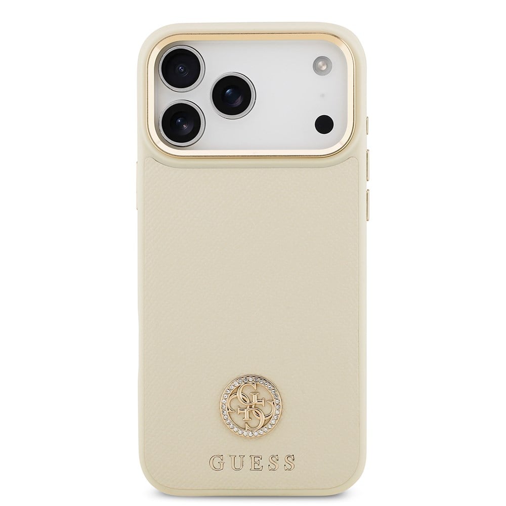 Apple iPhone 17 Pro Max Kılıf Guess Orjinal Lisanslı M-safe Şarj Özellikli Grained Yazı ve Taşlı 4G Logolu Kapak