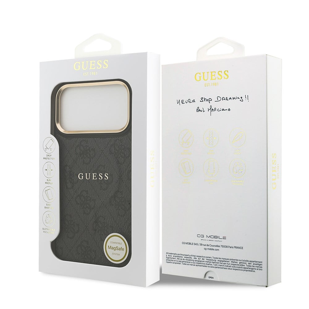 Apple iPhone 17 Pro Max Kılıf Guess Orjinal Lisanslı M-safe Şarj Özellikli Gold Metal Kamera Çerçeveli PU Deri 4G Desenli Yazı Logolu Kapak