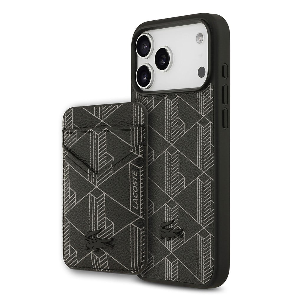 Apple iPhone 17 Pro Max Kılıf Lacoste Orjinal Lisanslı M-safe Şarj Özellikli PU Deri Tasarımlı Kartlıklı Karışık Monogram Desenli Kapak