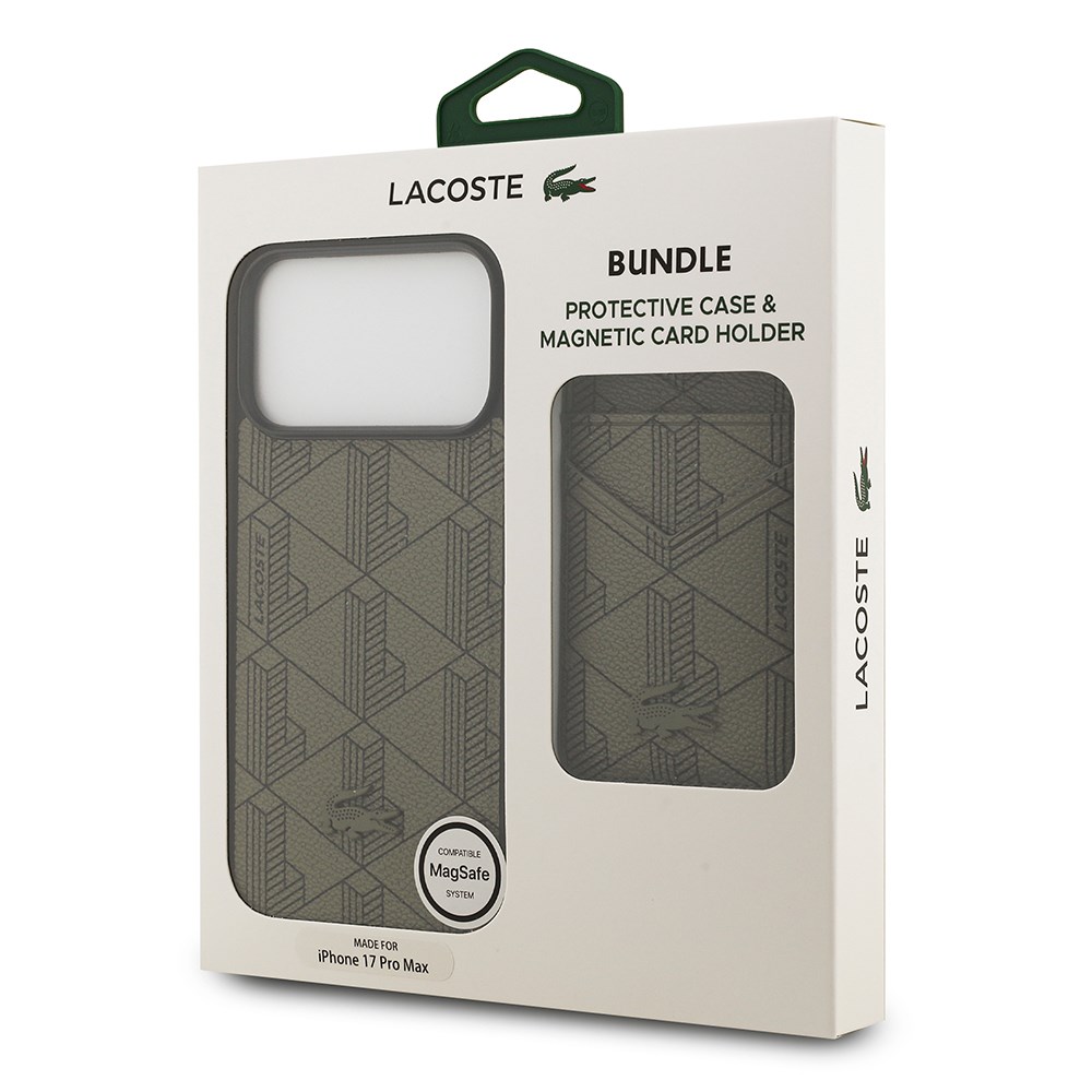 Apple iPhone 17 Pro Max Kılıf Lacoste Orjinal Lisanslı M-safe Şarj Özellikli PU Deri Tasarımlı Kartlıklı Karışık Monogram Desenli Kapak