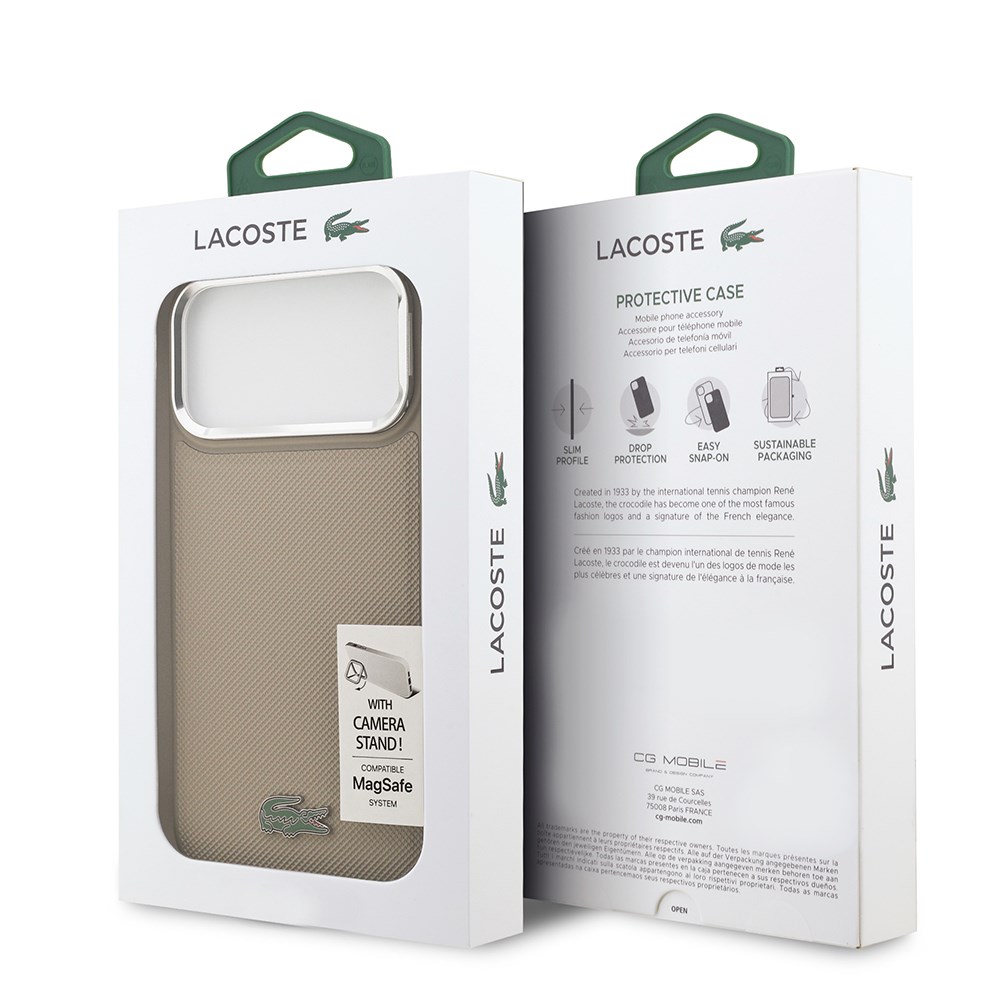 Apple iPhone 17 Pro Max Kılıf Lacoste Orjinal Lisanslı M-safe Şarj Özellikli PU Pike Desenli Standlı Metal Logolu Kapak