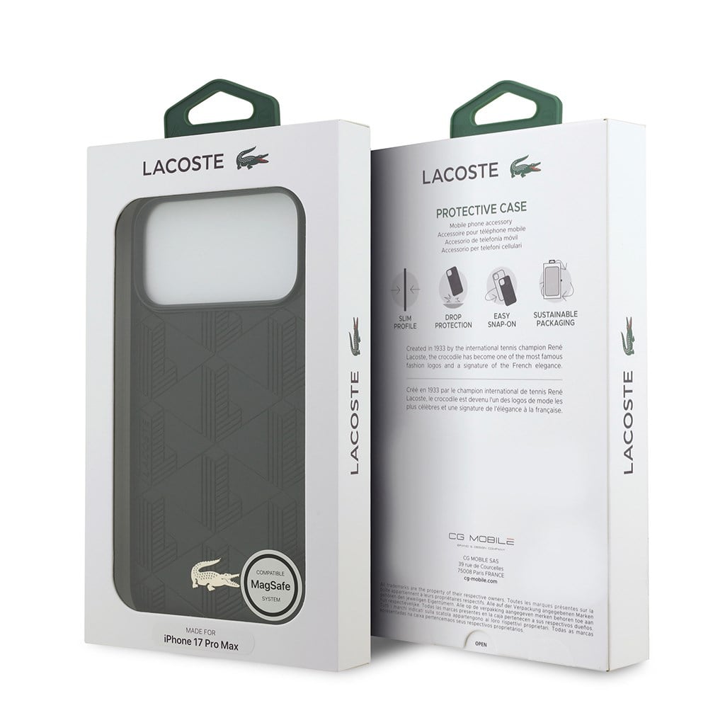Apple iPhone 17 Pro Max Kılıf Lacoste Orjinal Lisanslı M-safe Şarj Özellikli PU Deri Tasarımlı Karışık Monogram Desenli Kapak