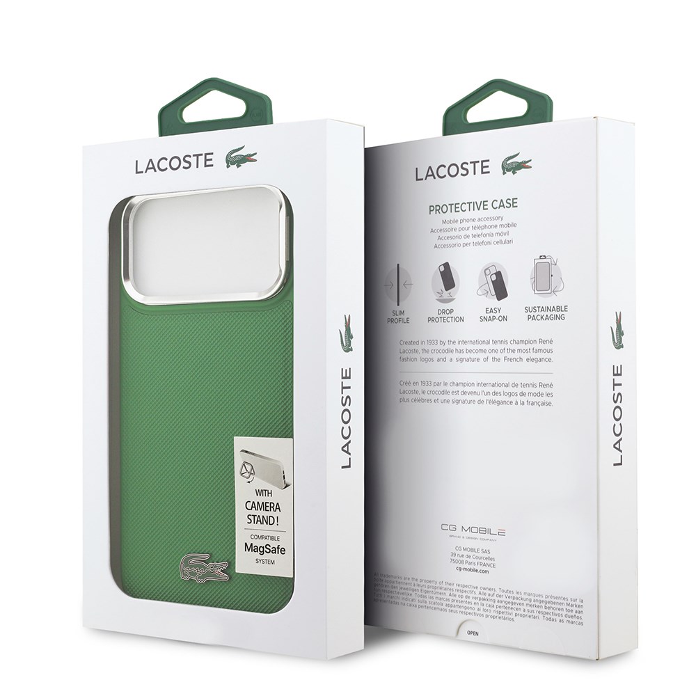 Apple iPhone 17 Pro Max Kılıf Lacoste Orjinal Lisanslı M-safe Şarj Özellikli PU Pike Desenli Standlı Metal Logolu Kapak