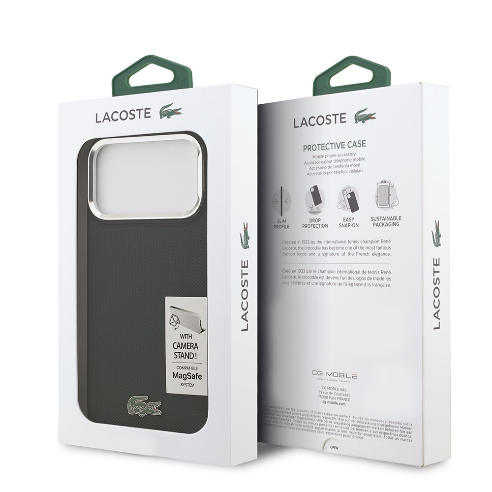 Apple iPhone 17 Pro Max Kılıf Lacoste Orjinal Lisanslı M-safe Şarj Özellikli PU Pike Desenli Standlı Metal Logolu Kapak