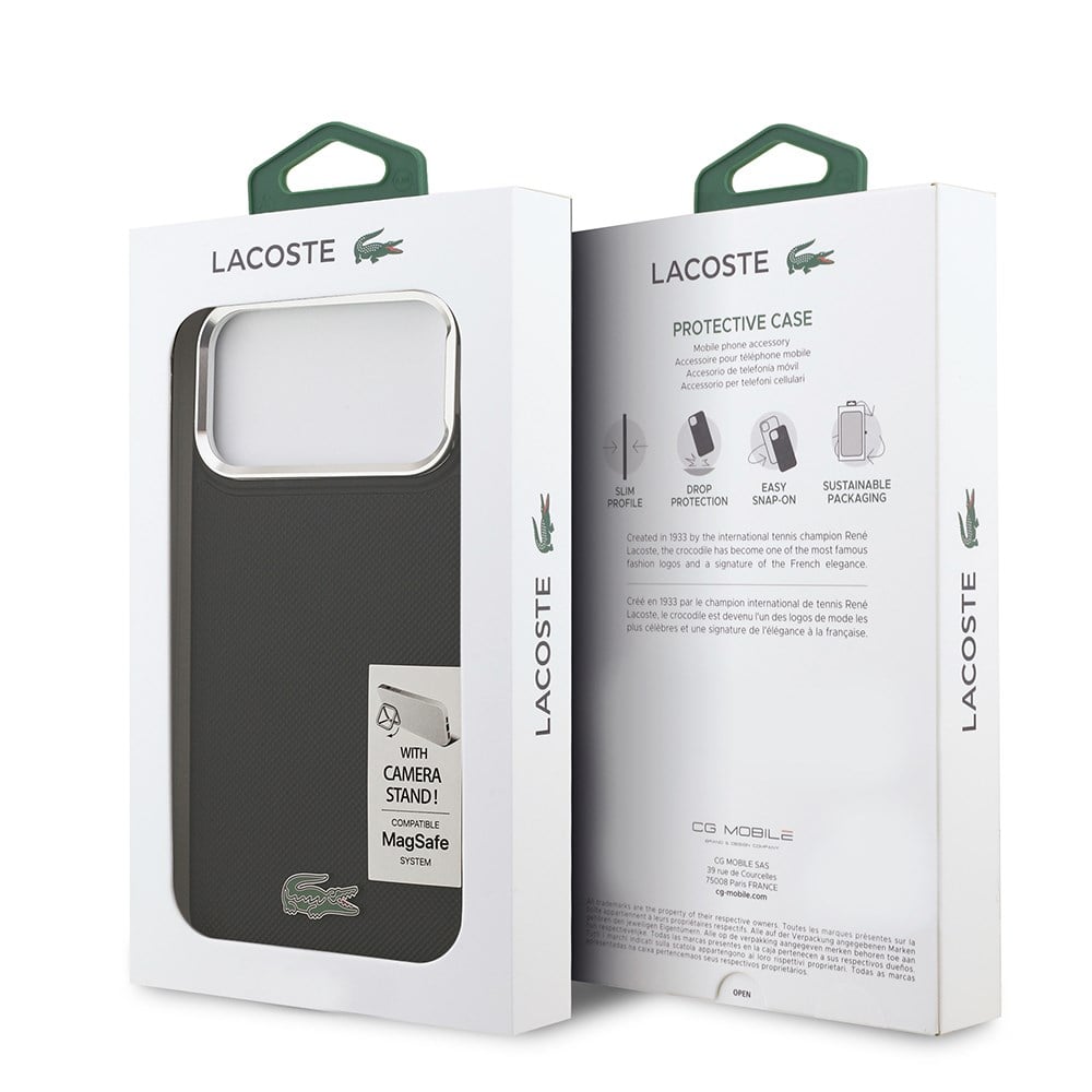Apple iPhone 17 Pro Max Kılıf Lacoste Orjinal Lisanslı M-safe Şarj Özellikli PU Pike Desenli Standlı Metal Logolu Kapak