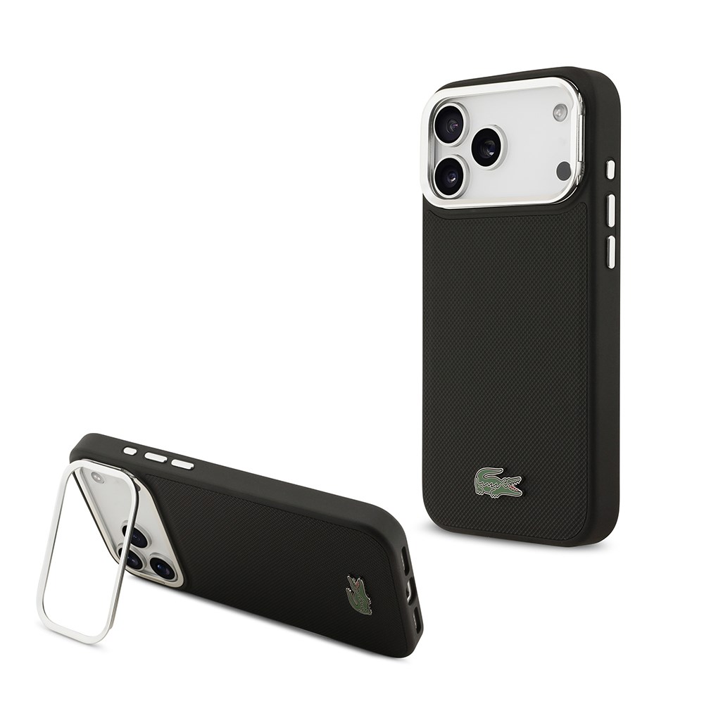 Apple iPhone 17 Pro Max Kılıf Lacoste Orjinal Lisanslı M-safe Şarj Özellikli PU Pike Desenli Standlı Metal Logolu Kapak