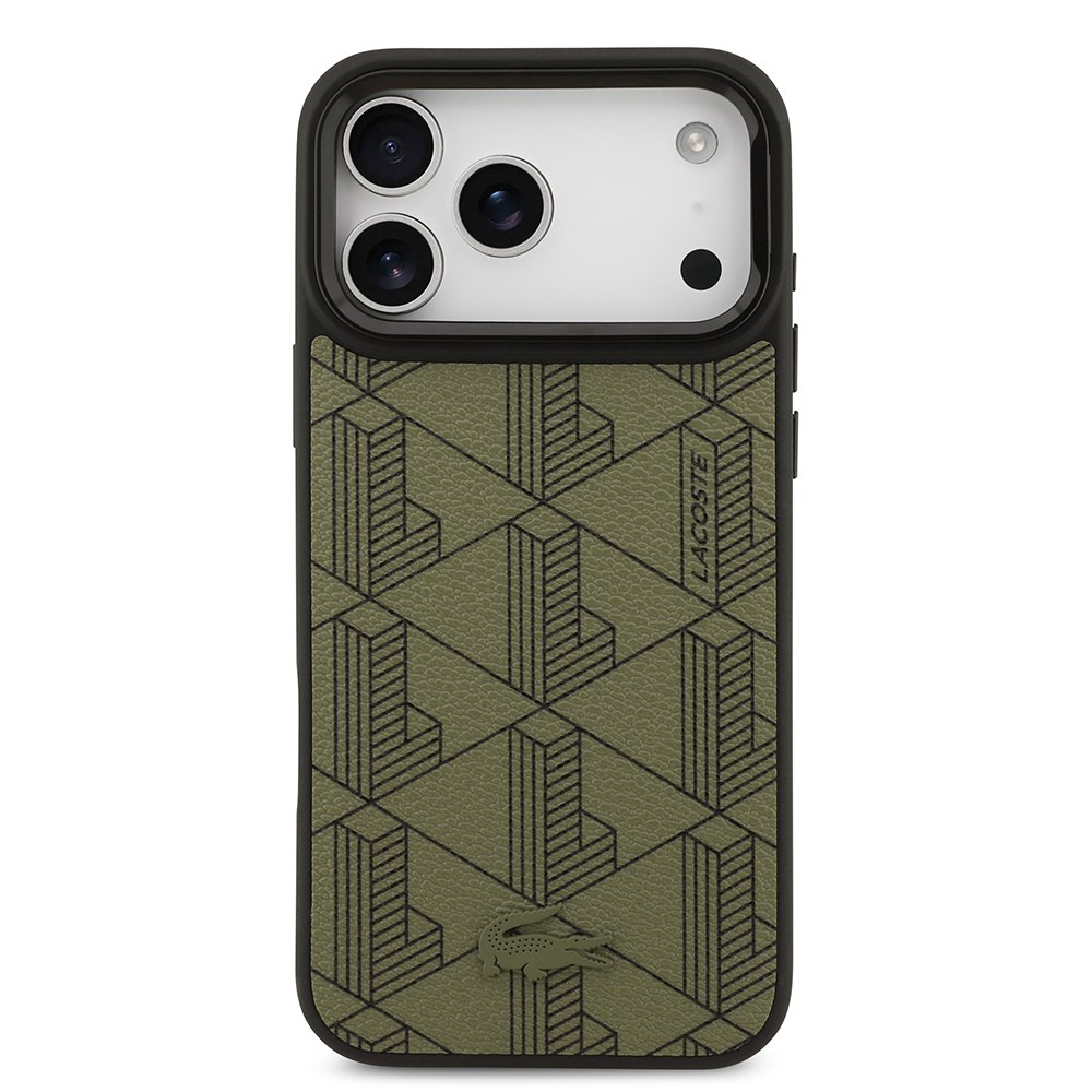 Apple iPhone 17 Pro Max Kılıf Lacoste Orjinal Lisanslı M-safe Şarj Özellikli Standlı PU Deri Karışık Monogram Desenli Kapak