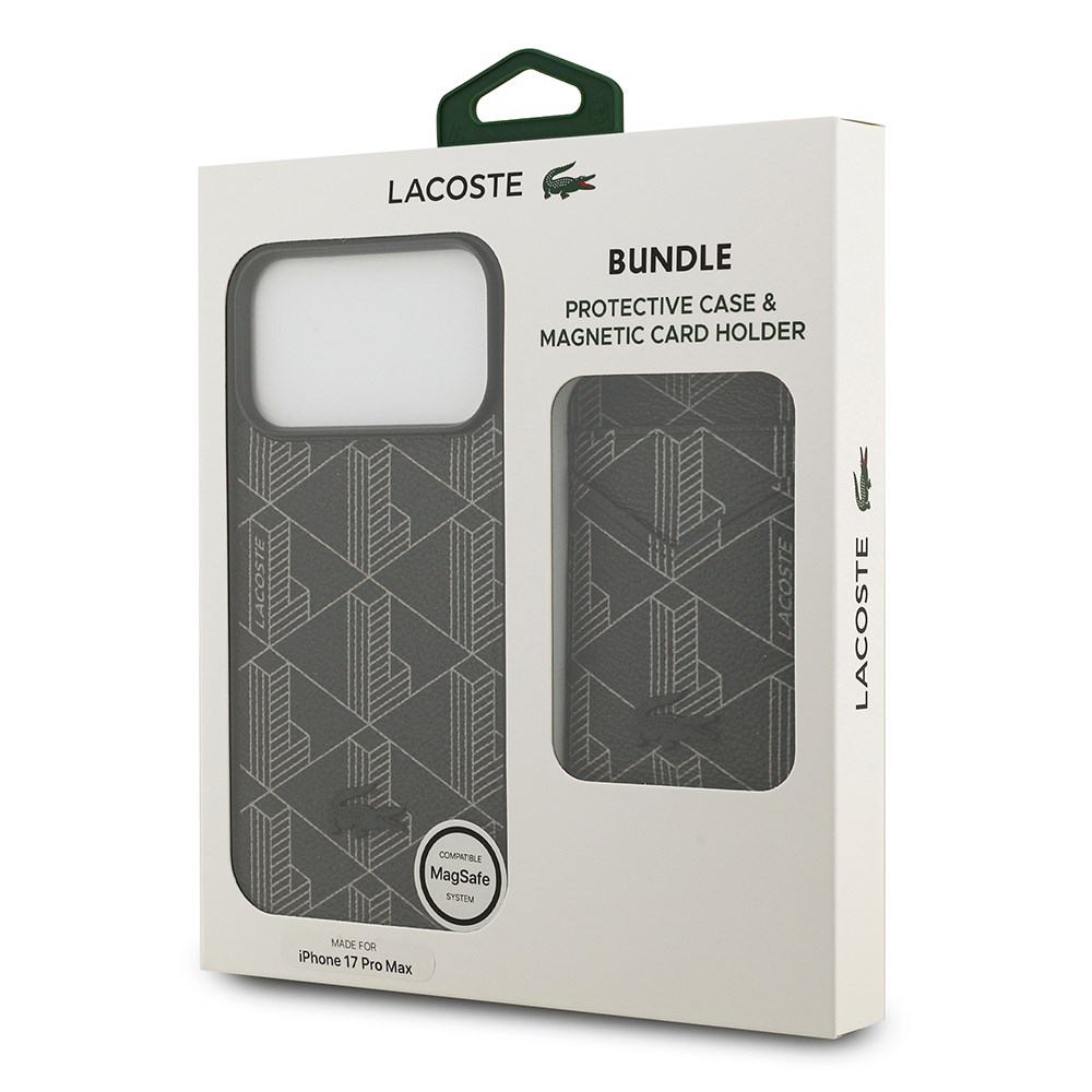 Apple iPhone 17 Pro Max Kılıf Lacoste Orjinal Lisanslı M-safe Şarj Özellikli PU Deri Tasarımlı Kartlıklı Karışık Monogram Desenli Kapak