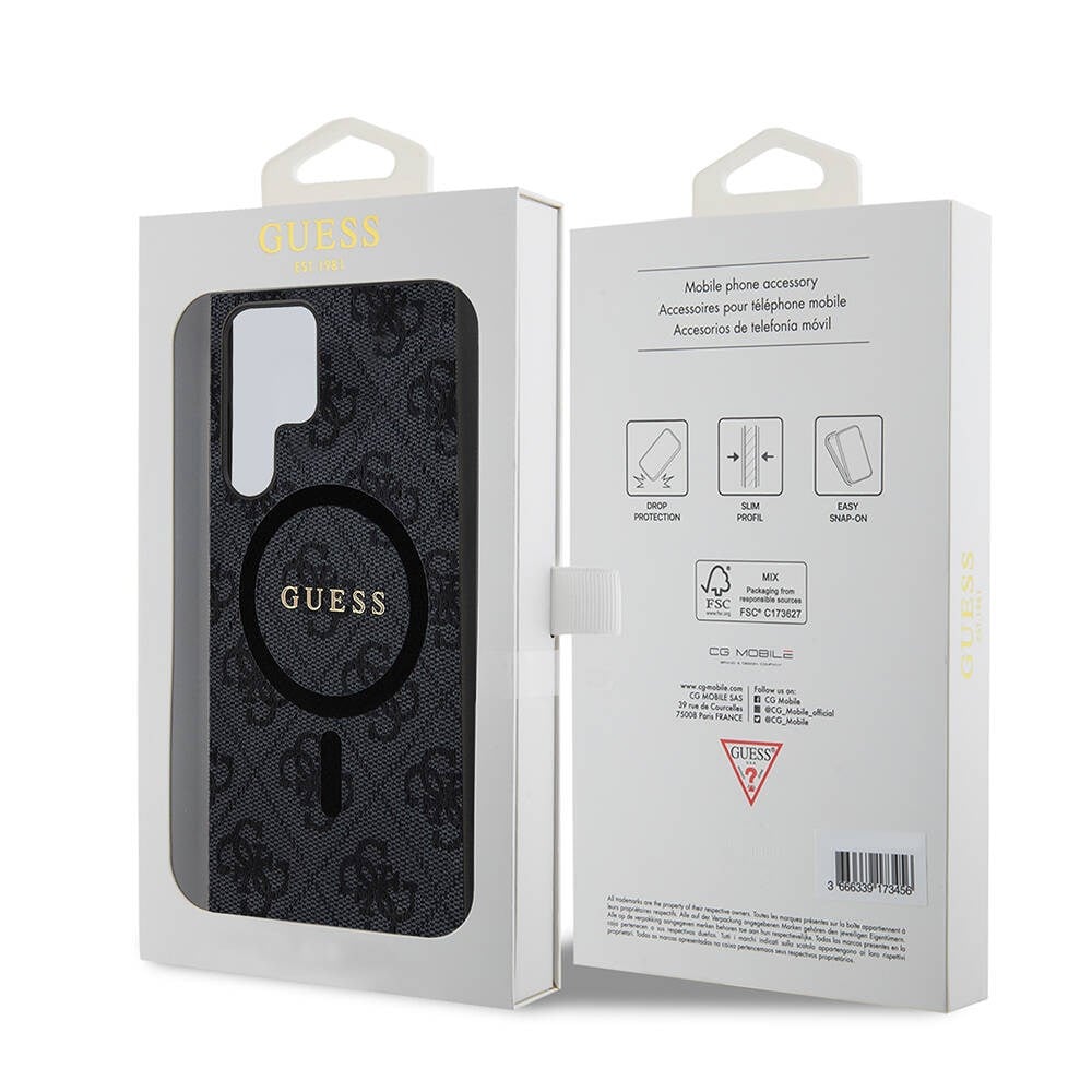 Galaxy S24 Ultra Kılıf Guess Orjinal Lisanslı M-safe Şarj Özellikli PU Halkalı 4G Desenli Yazı Logolu Kapak
