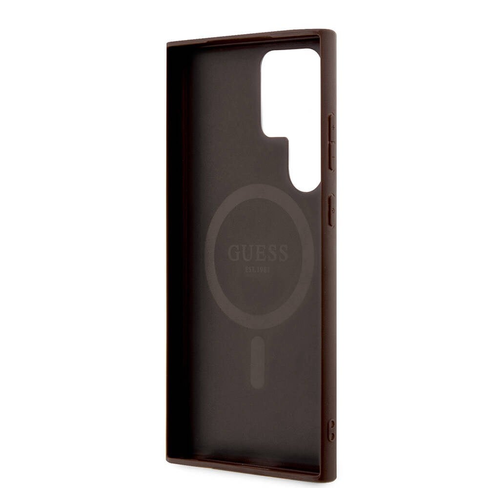 Galaxy S24 Ultra Kılıf Guess Orjinal Lisanslı M-safe Şarj Özellikli PU Halkalı 4G Desenli Yazı Logolu Kapak