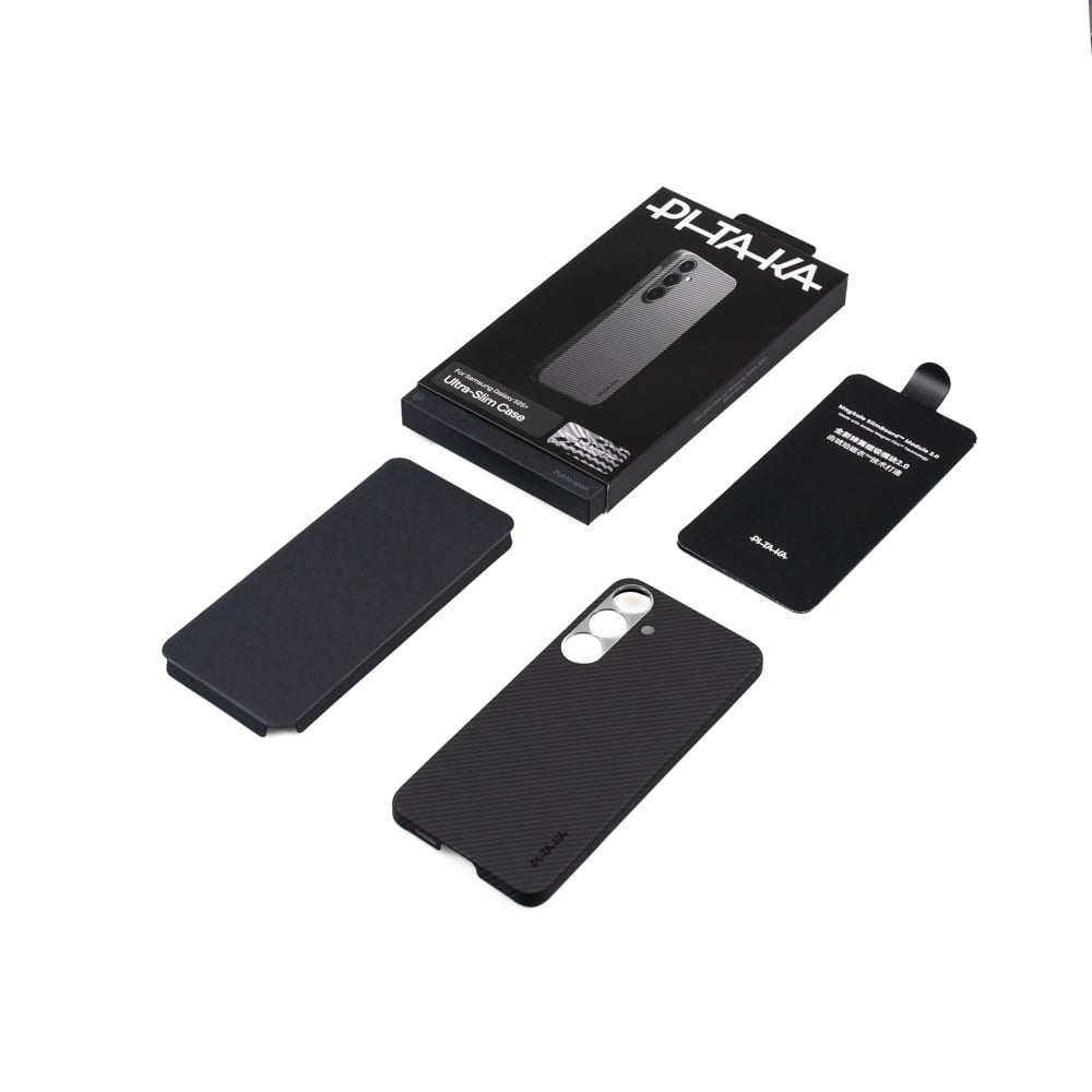 Galaxy S25 Plus Kılıf M-safe Şarj Özellikli 600D Aramid Fiber Pitaka Ultra-Slim Classic Serisi Black-Grey Twill Kapak