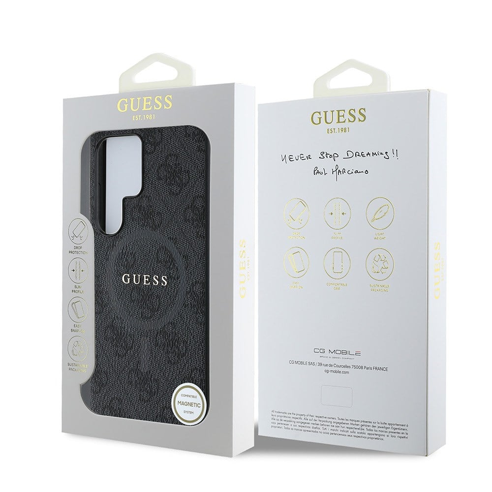 Galaxy S25 Ultra Kılıf Guess Orjinal Lisanslı M-safe Şarj Özellikli PU Halkalı 4G Desenli Yazı Logolu Kapak