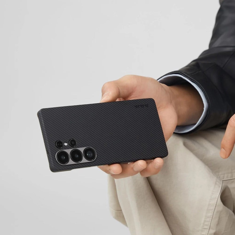 Galaxy S25 Ultra Kılıf M-safe Şarj Özellikli 600D Aramid Fiber Pitaka Ultra-Slim Classic Serisi Black-Grey Twill Kapak