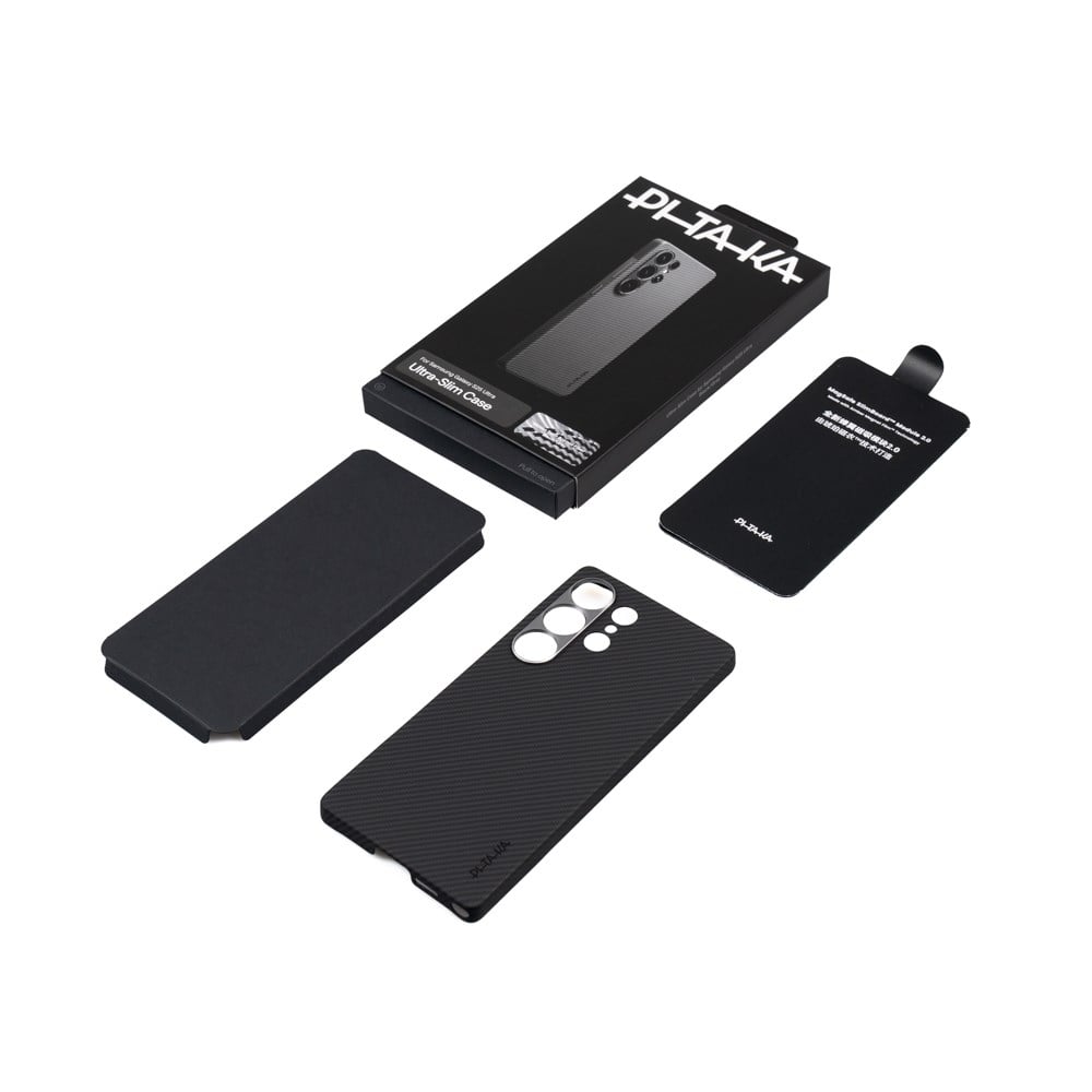 Galaxy S25 Ultra Kılıf M-safe Şarj Özellikli 600D Aramid Fiber Pitaka Ultra-Slim Classic Serisi Black-Grey Twill Kapak