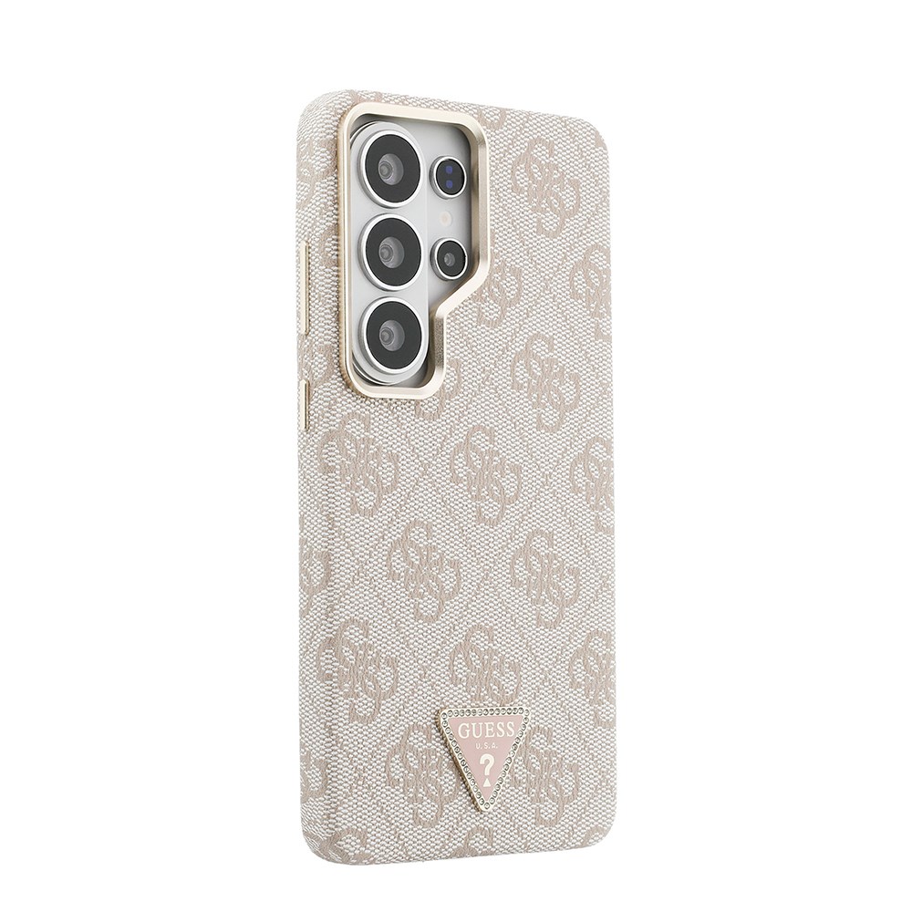 Galaxy S26 Ultra Kılıf Guess Orjinal Lisanslı M-safe Şarj Özellikli Gold Metal Kamera Çerçeveli Taşlı Üçgen Logo 4G Desenli Kapak