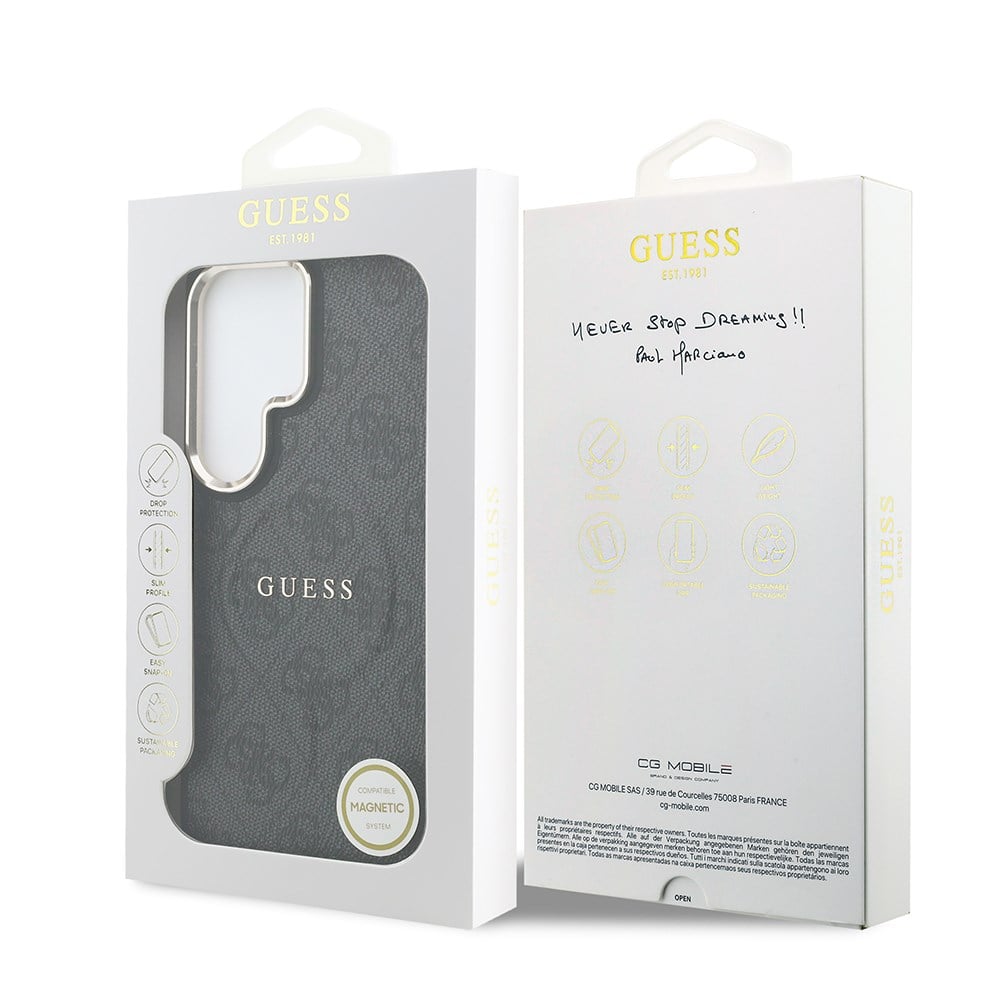 Galaxy S26 Ultra Kılıf Guess Orjinal Lisanslı M-safe Şarj Özellikli Metal Kamera Çerçeveli PU Deri 4G Desenli Yazı Logolu Kapak