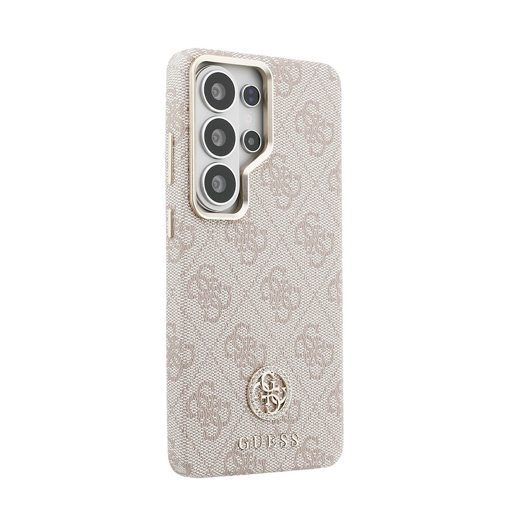 Galaxy S26 Ultra Kılıf Guess Orjinal Lisanslı M-safe Şarj Özellikli Gold Metal Kamera Çerçeveli Taşlı 4G Logolu Kapak