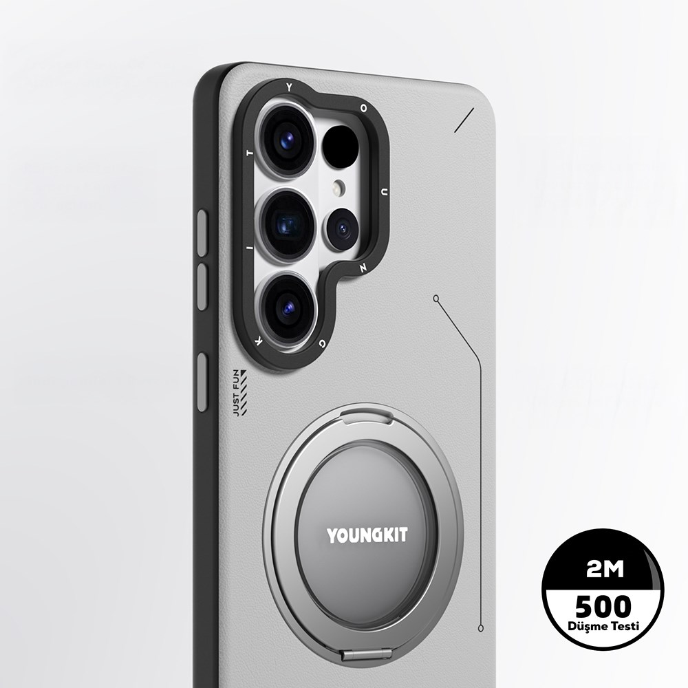 Galaxy S26 Ultra Kılıf M-safe Şarj Özellikli 360° Standlı Basit Mat Deri Desenli Youngkit Tech Leather Serisi Kapak