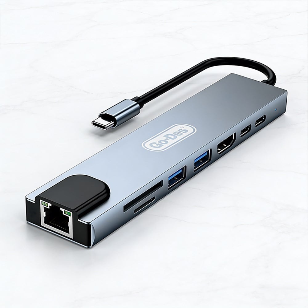 Go Des GD-9218 Type-C Bağlantılı 8in1 USB3.0 + PD + Hdmi 4K Ultra HD + RJ45 + SD/TF Bağlantılı Hub Adaptör
