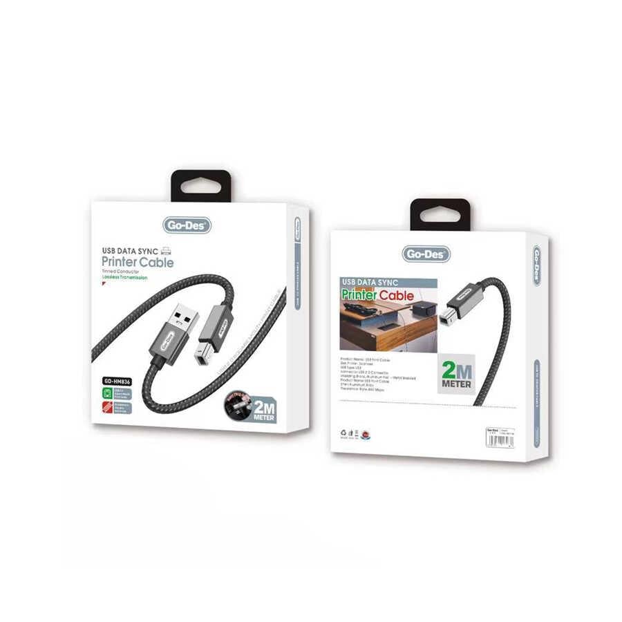 Go Des GD-HM836 USB-A to USB-B 2.0 Örgülü Yazıcı Kablosu 2M