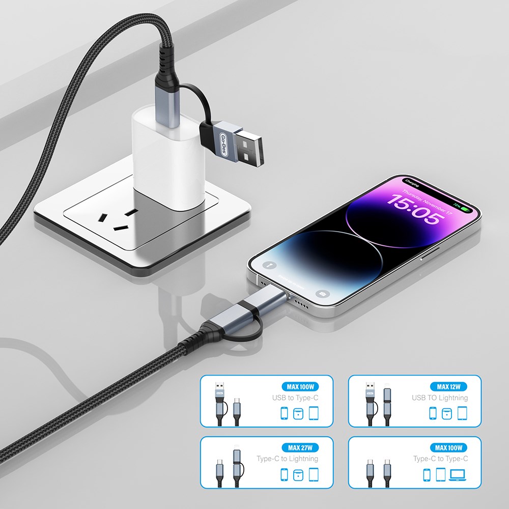 Go Des GD-UC809 4in1 PD Çoklu USB-A + Type-C to Type-C + Lightning Şarj ve Data Kablosu 100W 120cm