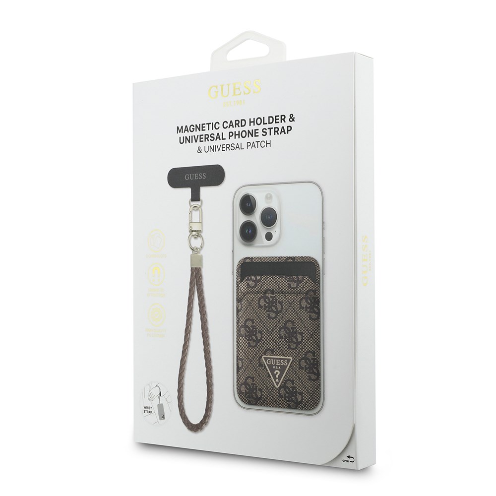 Guess Orjinal Lisanslı 2in1 Bilek Askı İpli 4G Desenli Metal Üçgen Logolu Magnetik Kartlık