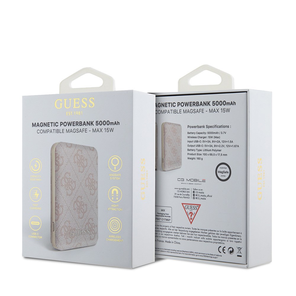 Guess Orjinal Lisanslı Dijital Led Göstergeli PU Deri 4G Desenli Metal Yazı Logolu Powerbank 5000mAh 15W