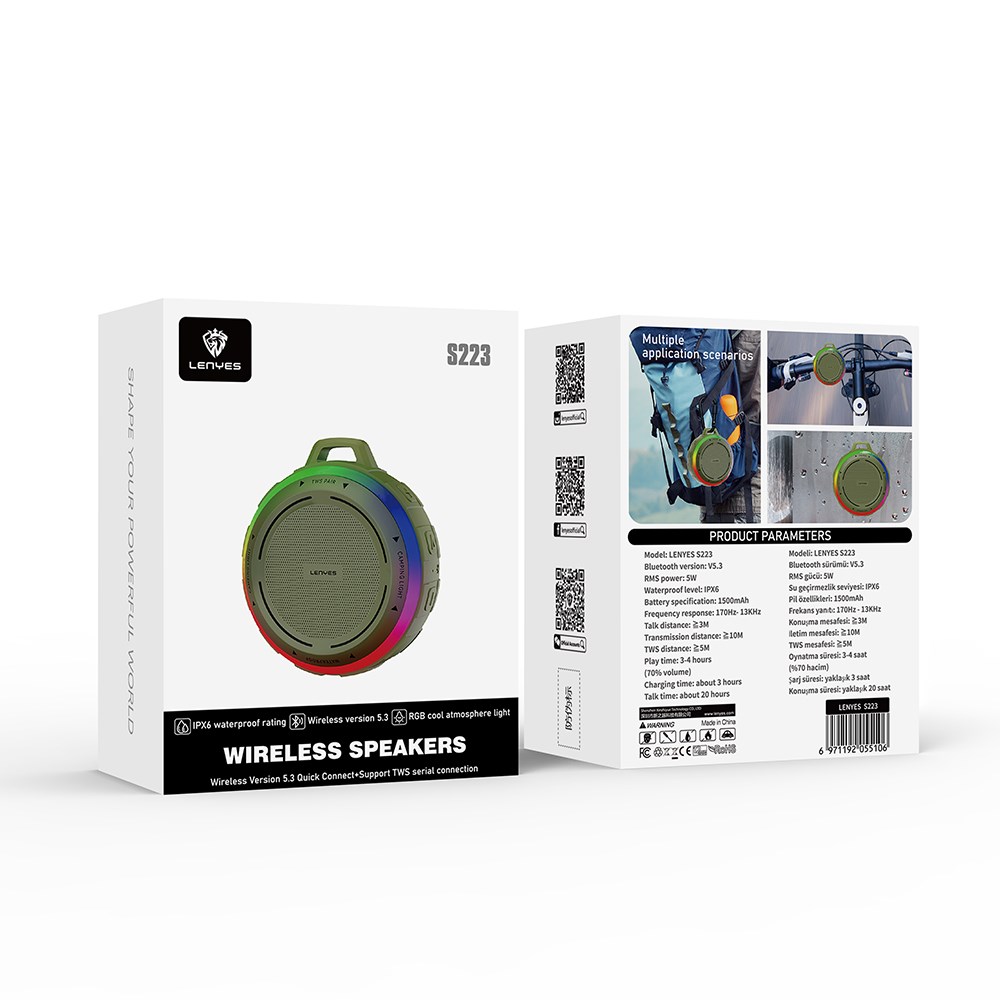 Lenyes S223 RGB Işıklı Askı Aparatlı Mini Bluetooth Speaker Hoparlör v5.3