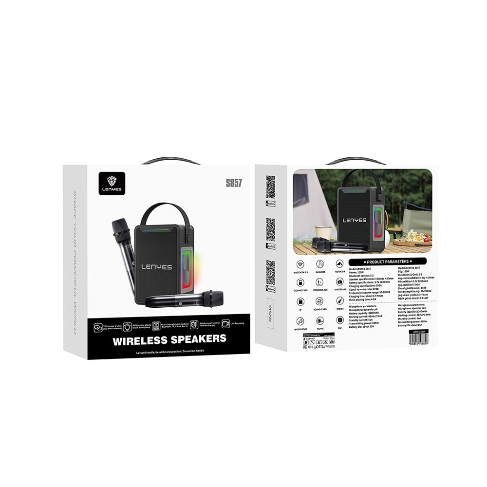 Lenyes S857 RGB Işıklı Çift Mikrofonlu Taşınabilir TWS Bluetooth Speaker Hoparlör v5.3