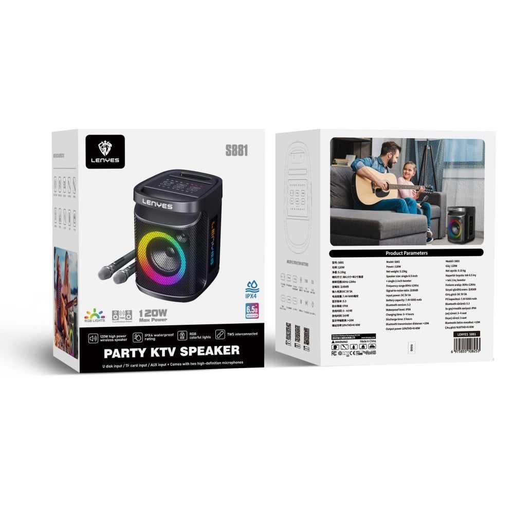 Lenyes S881 Su Geçirmez Mikrofonlu Çoklu Giriş RGB Işıklı TWS Karaoke FM Bluetooth Hoparlör v5.3 120W