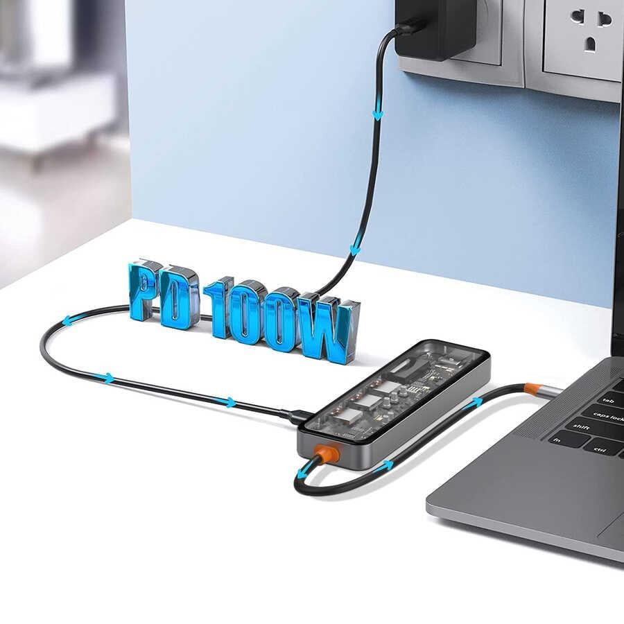 Wiwu CB007 Cyber 7 in 1 Type-C Hub 100W Şarj Destekli Şeffaf Görünümlü SD Kart-Hdmi-Usb Çoğaltıcı