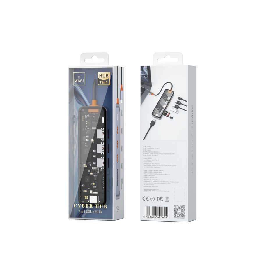 Wiwu CB007 Cyber 7 in 1 Type-C Hub 100W Şarj Destekli Şeffaf Görünümlü SD Kart-Hdmi-Usb Çoğaltıcı