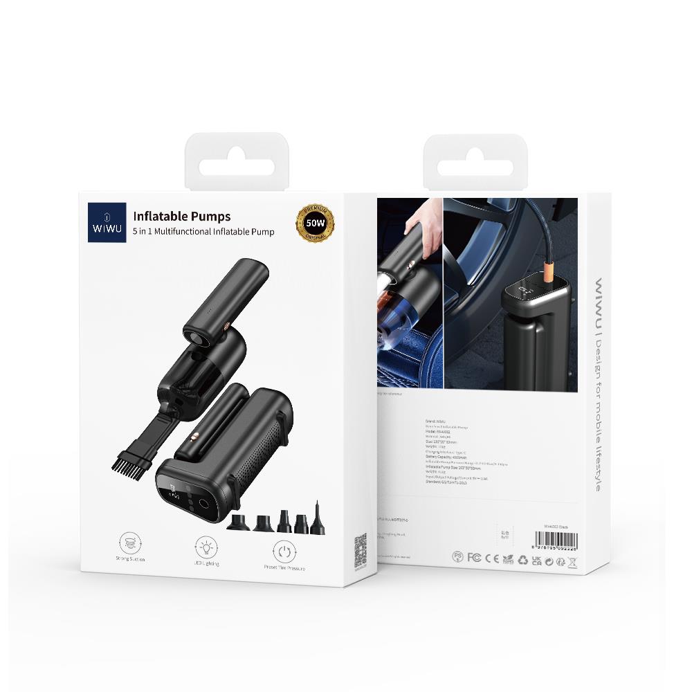 Wiwu Wi-Ai002 5in1 Oto Araç Lastik Şişirme Pompası - Oto Araç Süpürgesi - Vakum Makinesi - Fener Dijital Ekranlı Araç Hava Kompresörü