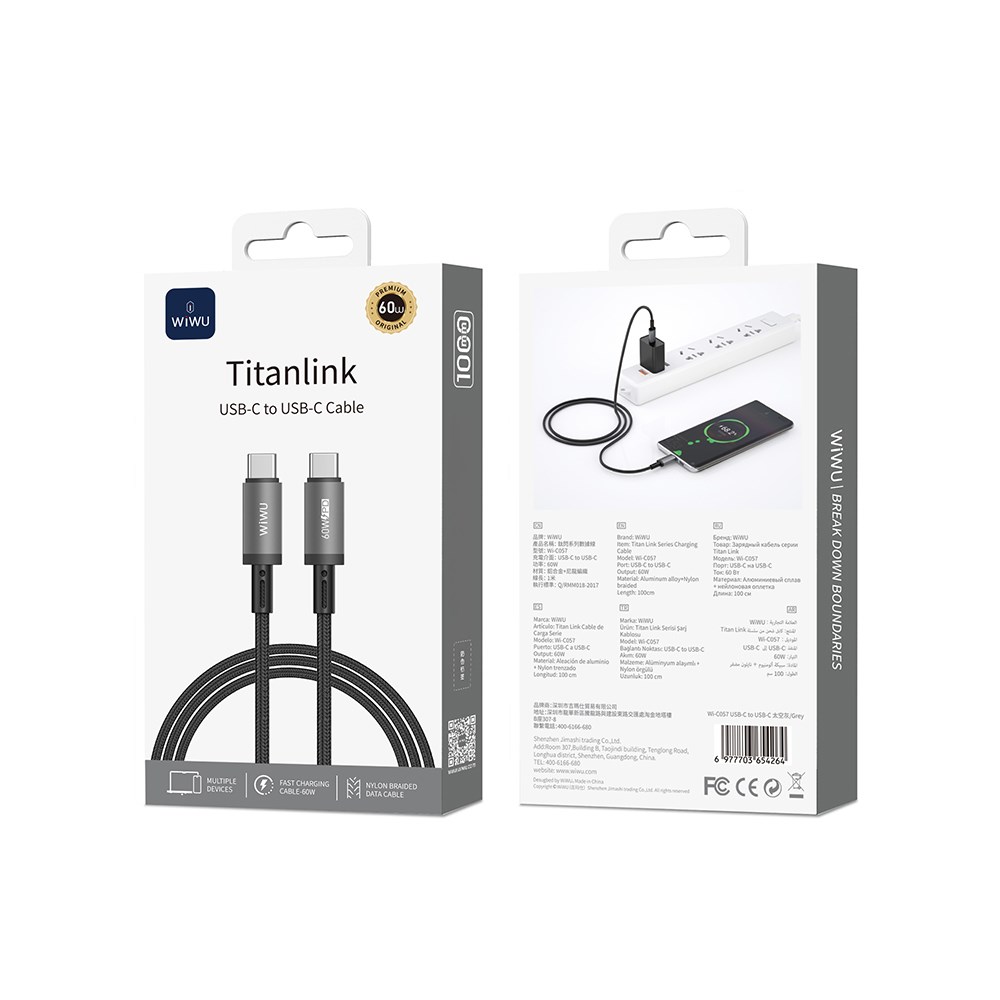 Wiwu Wi-C057 Titanlink Serisi Type-C to Type-C Hızlı Şarj Özellikli PD Data ve Şarj Kablosu 60W 1M
