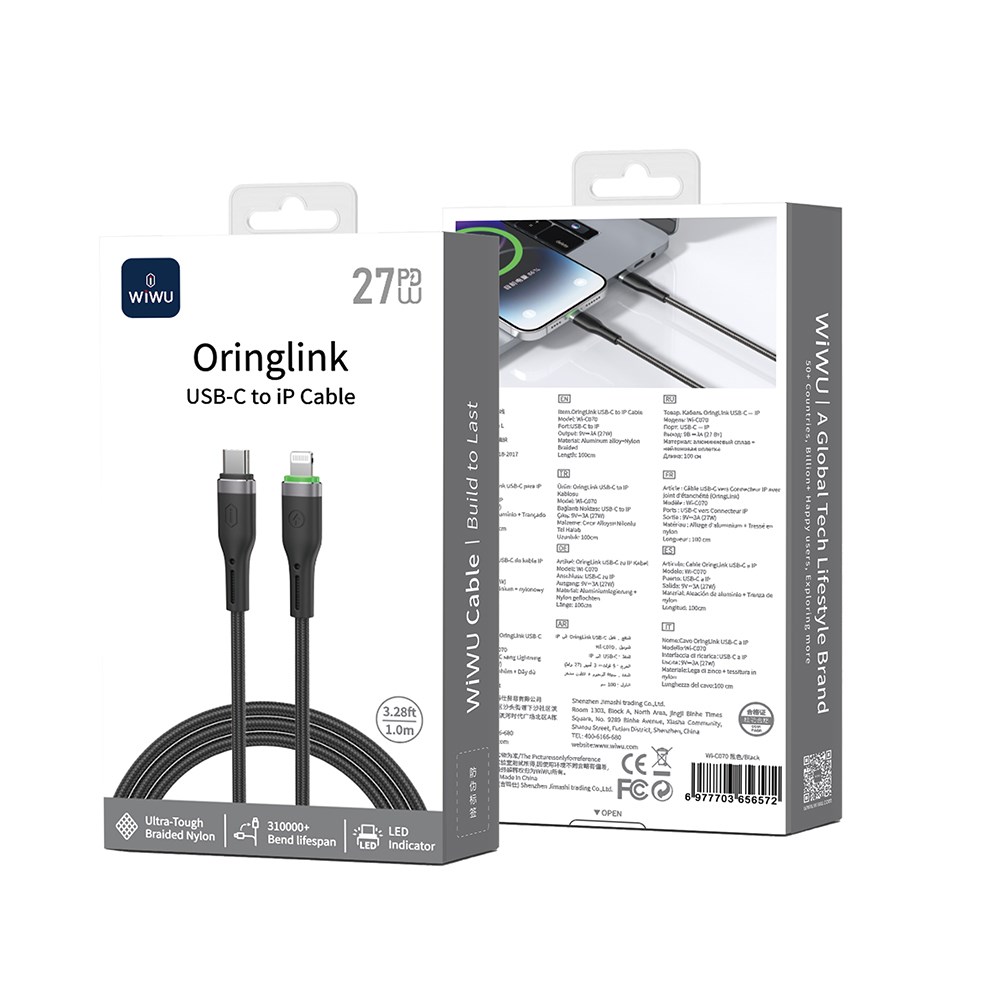 Wiwu Wi-C070 Orginlink Serisi LED Göstergeli Type-C to Lightning Hızlı Şarj Özellikli PD Data ve Şarj Kablosu 27W 1M