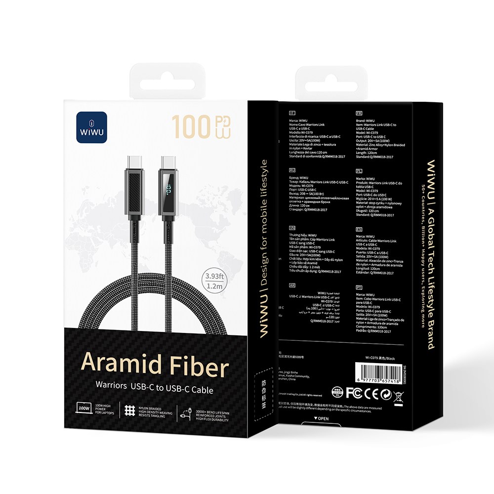 Wiwu Wi-C079 Warriors Serisi Aramid Fiber Dijital LED Göstergeli Type-C to Type-C PD Data ve Şarj Kablosu 100W 1.2M
